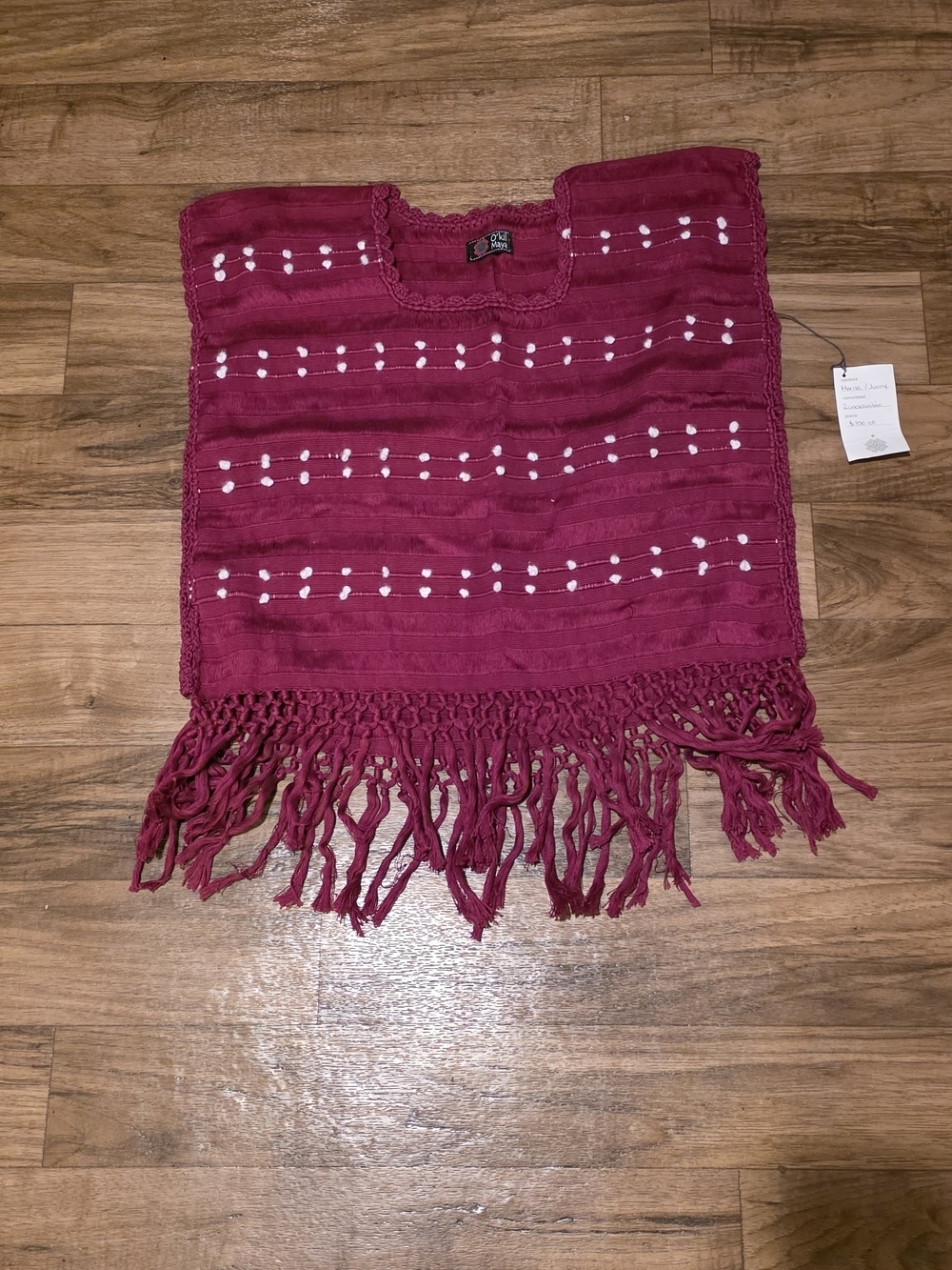 Maroon Fringe Poncho with White Dot Detail